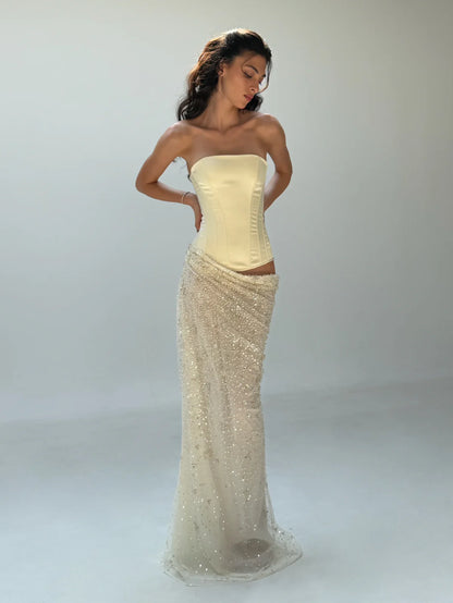 Cherie Attire Clara Maxi Ivory Sequin Skirt