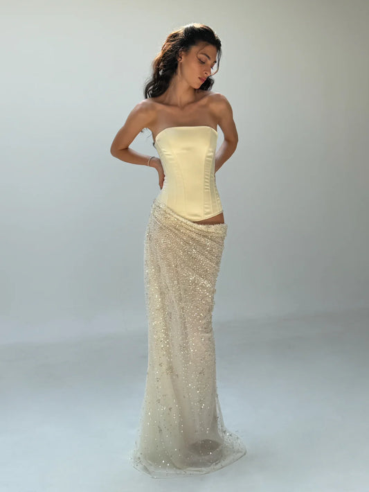 Cherie Attire Clara Maxi Ivory Sequin Skirt