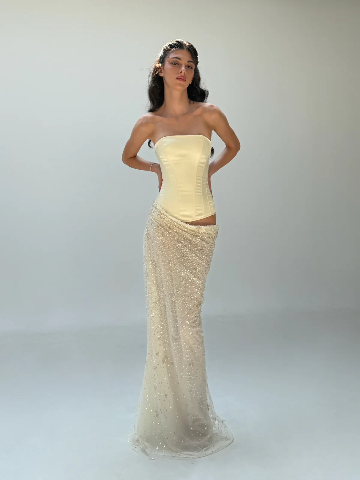 Cherie Attire Clara Maxi Ivory Sequin Skirt