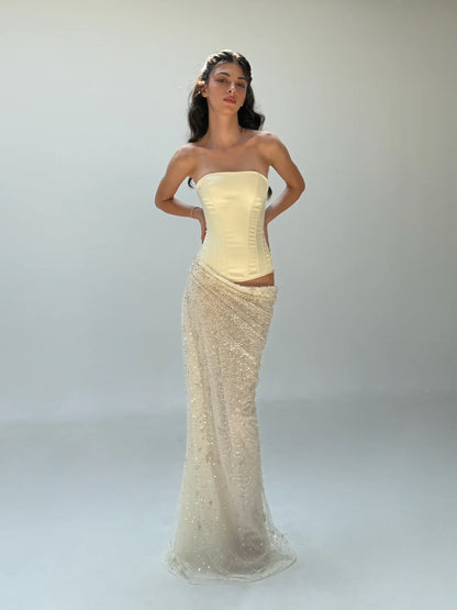 Cherie Attire Clara Maxi Ivory Sequin Skirt