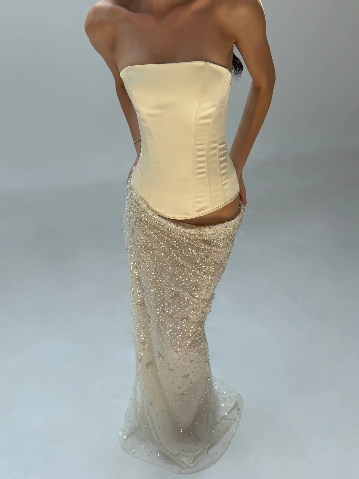 Cherie Attire Clara Maxi Ivory Sequin Skirt